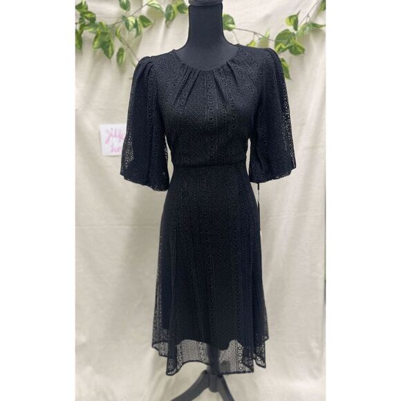 Calvin Klein Women's Puff-Sleeve Lace A-Line Dress - Black 10 - Picture 2 of 7